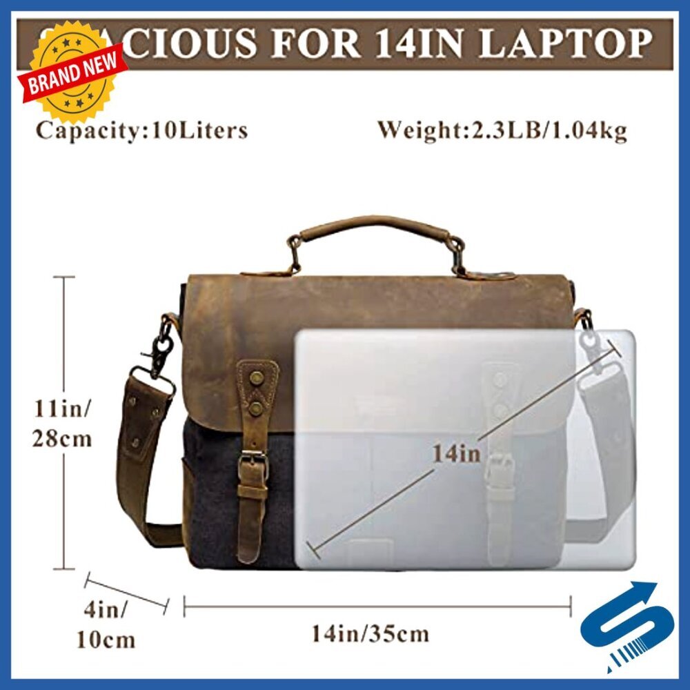 Vintage Leather Canvas Messenger Bag Crossbody Satchel 14in Laptop Shoulder - Picture 5 of 6